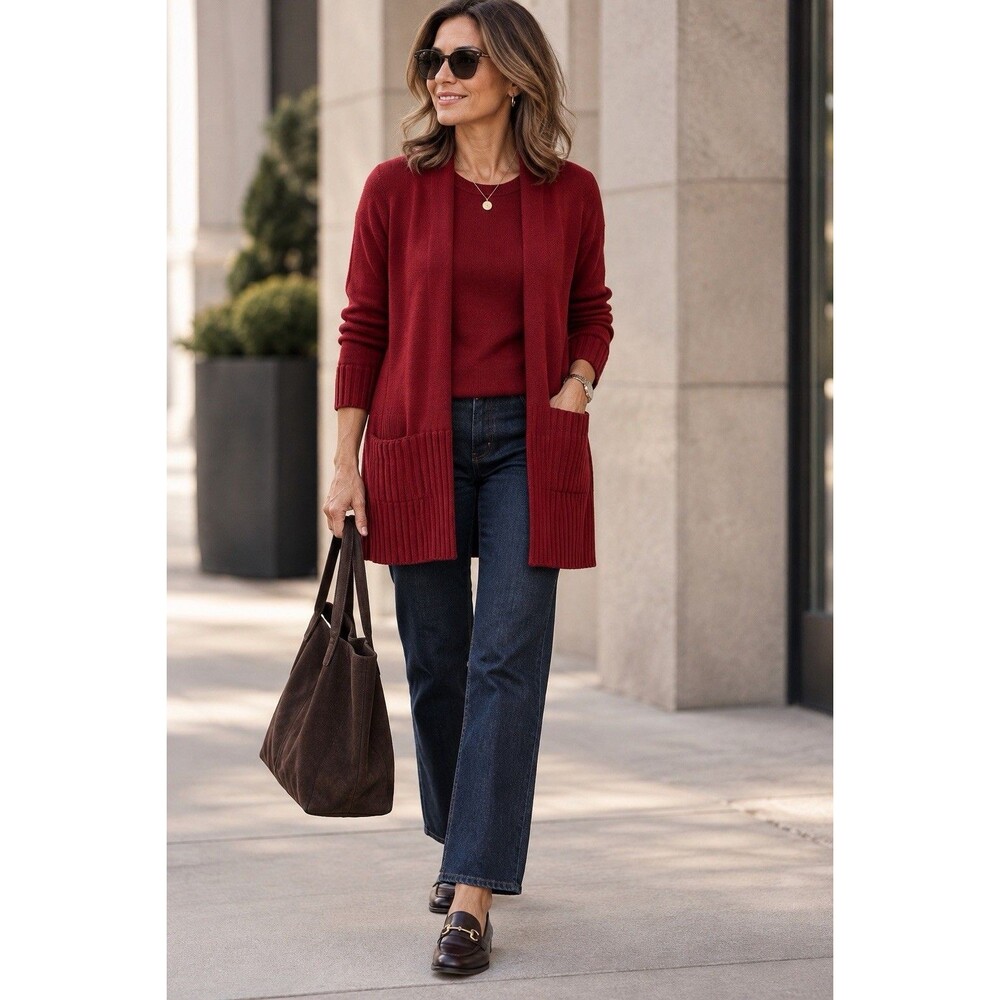 Motto M Merino Wool Blend Twinset Burgundy Cardigan Shell Office Workwear